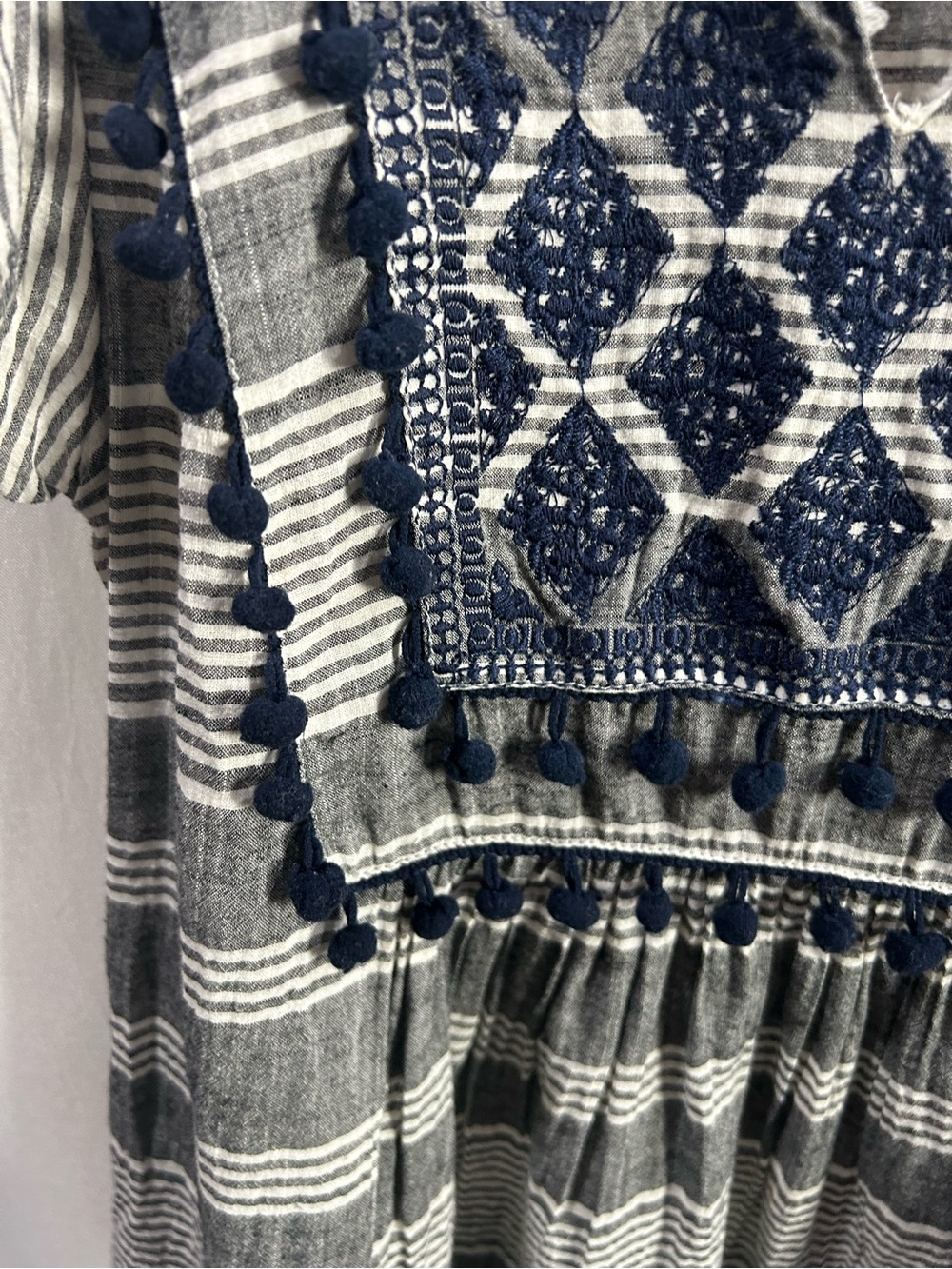 THML Gray and Navy Striped Embroidered Peasant Top - Picture 2 of 3